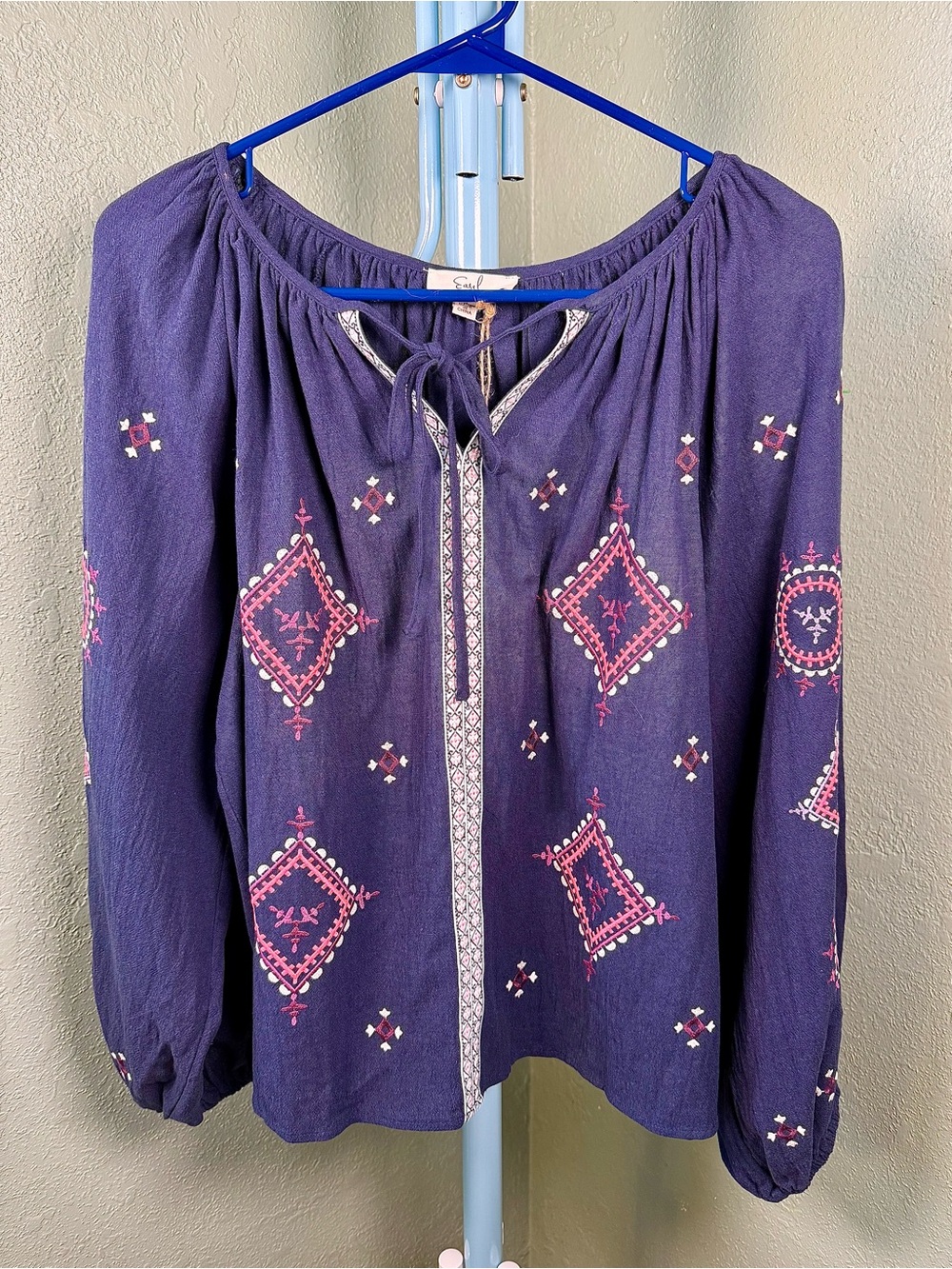 NWT Easel Navy Blue Embroidered Boho Peasant Blouse Top Small